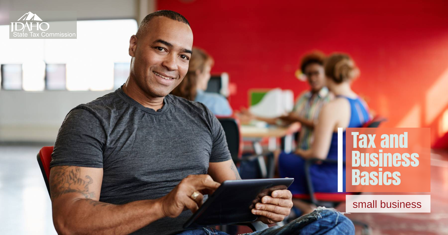 Man who owns his own company and text showing class title: Tax and Business Basics for Small Business