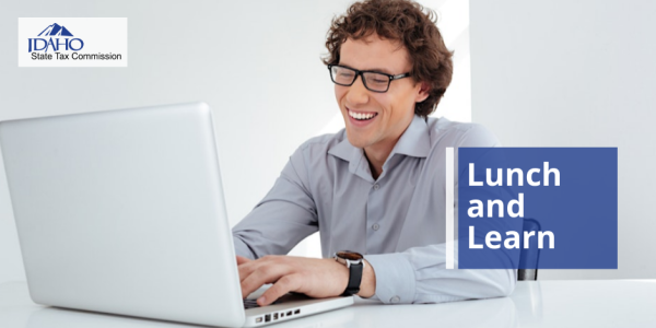 Man attending a class online during lunch break. Class name: Lunch and Learn.
